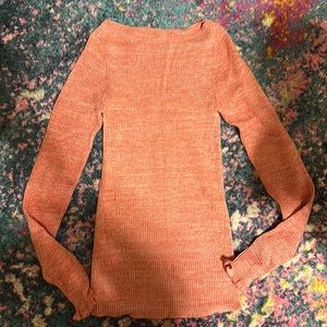 Super stretchy knit sweater top ruffle trim heather pinky orange